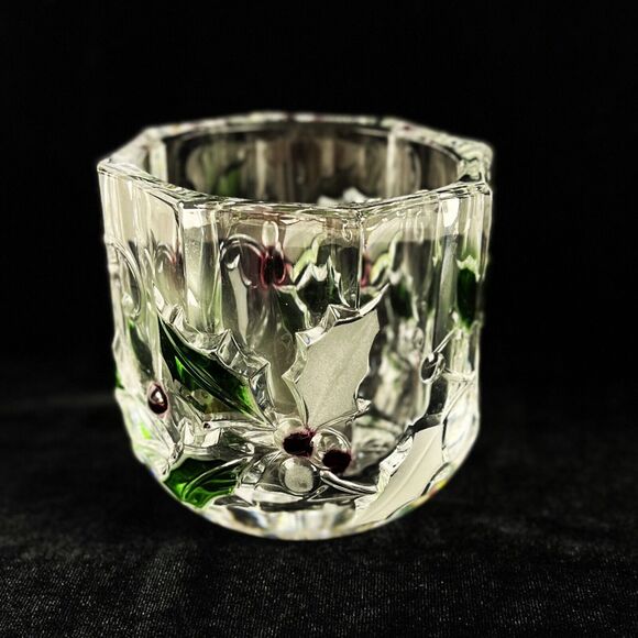 Mikasa Glass Votive Candle embossed Red green Holly berries Christmas home decor - Picture 1 of 9